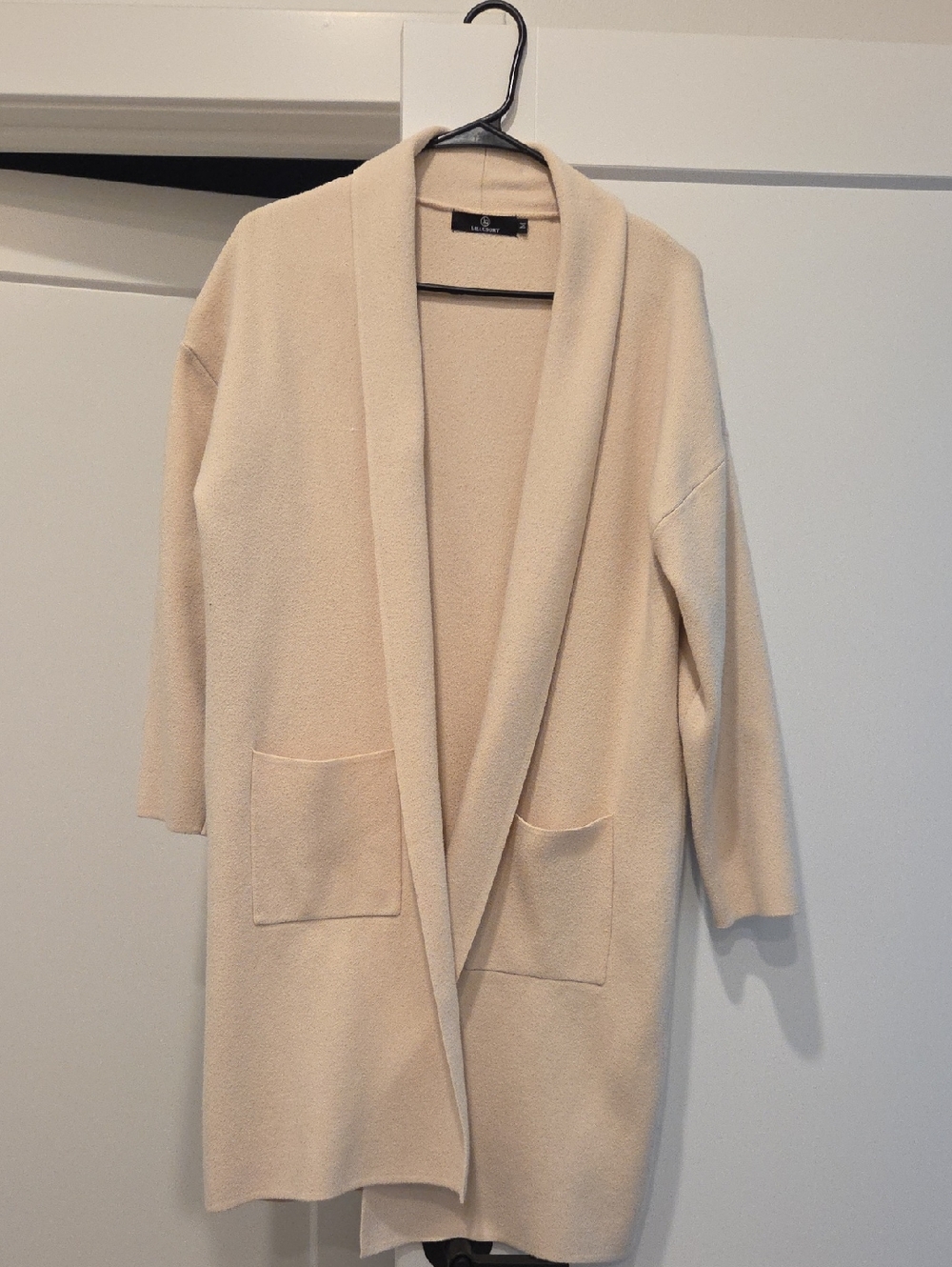 Long Cream Open-Front Shawl Collar Cardigan